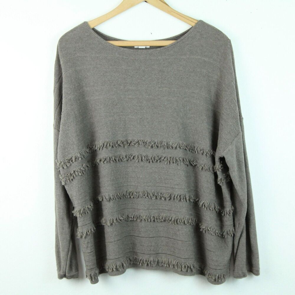 J Jill Faye Fringe Sweater Size Large Brown Cotton Boxy Beachy Boho Lagenlook